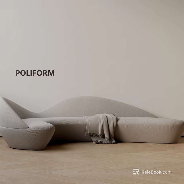 POLIFORM Light Gray Wave Shaped Three Seater Sofa With Blanket On Wooden Floor 3d model 