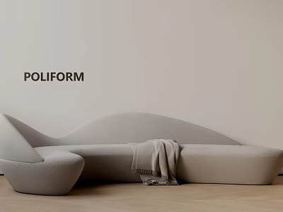 POLIFORM Light Gray Wave Shaped Three Seater Sofa With Blanket On Wooden Floor 3d model