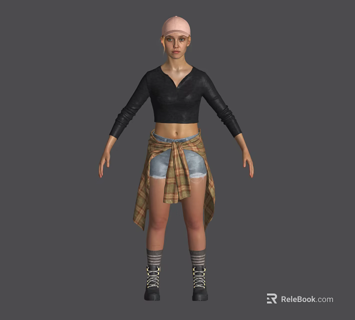Woman Wearing Black Long Sleeved Cropped Top Denim Shorts Plaid Shirt Striped Socks And Boots 3d model 