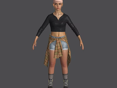 Woman Wearing Black Long Sleeved Cropped Top Denim Shorts Plaid Shirt Striped Socks And Boots 3d model
