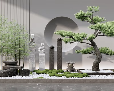 New Chinese style landscape sketch courtyard landscape sketch pine tree tied horse pile stone mill flowing water bryophytes bamboo 3d model
