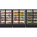 Commercial Display Refrigerators Fully Stocked With Various Food Items Beverages Fruits Vegetables And Meat Products