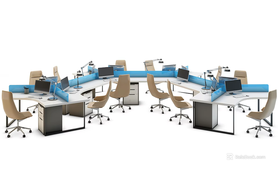 Modern Office Desk Setup in Open Workspace with Partitions Computers and Chairs 3d model 