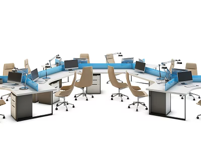 Modern Office Desk Setup in Open Workspace with Partitions Computers and Chairs 3d model