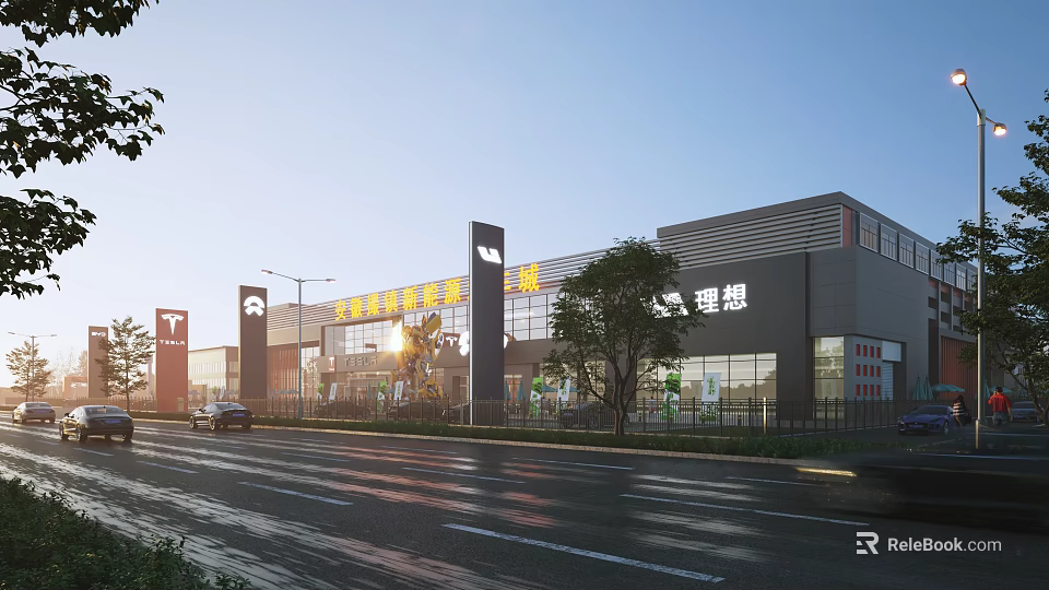 Modern Commercial Complex Exterior Design With Glass Facade Trees Road And Entrance View 3d model 