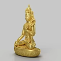 Golden Buddha Sculpture Carving In Sitting Posture With Intricate Headdress Holding Lotus And Carved Base