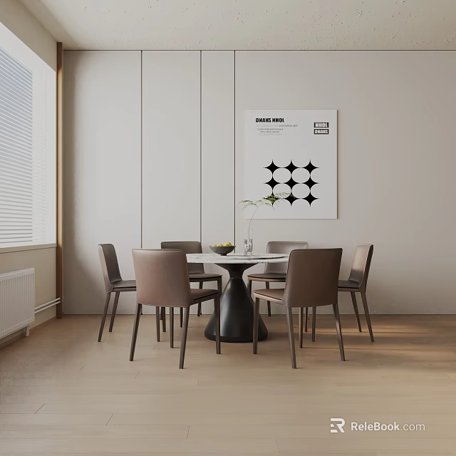 Modern Dining Set With Round Table Brown Chairs And Black White Artwork Interior Design 3d model