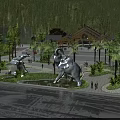Exquisite Garden Landscape With Elephant Sculptures Fountains Palm Trees And Chinese Style Pavilion