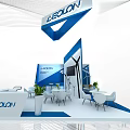 AEOLON Exhibition Booth In Blue And White Design With Tables Chairs Plants And Wind Turbine