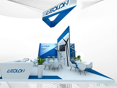 AEOLON Exhibition Booth In Blue And White Design With Tables Chairs Plants And Wind Turbine 3d model