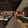 Modern Restaurant Interior With Buffet Counter Long Dining Tables And Red Walls 3d model