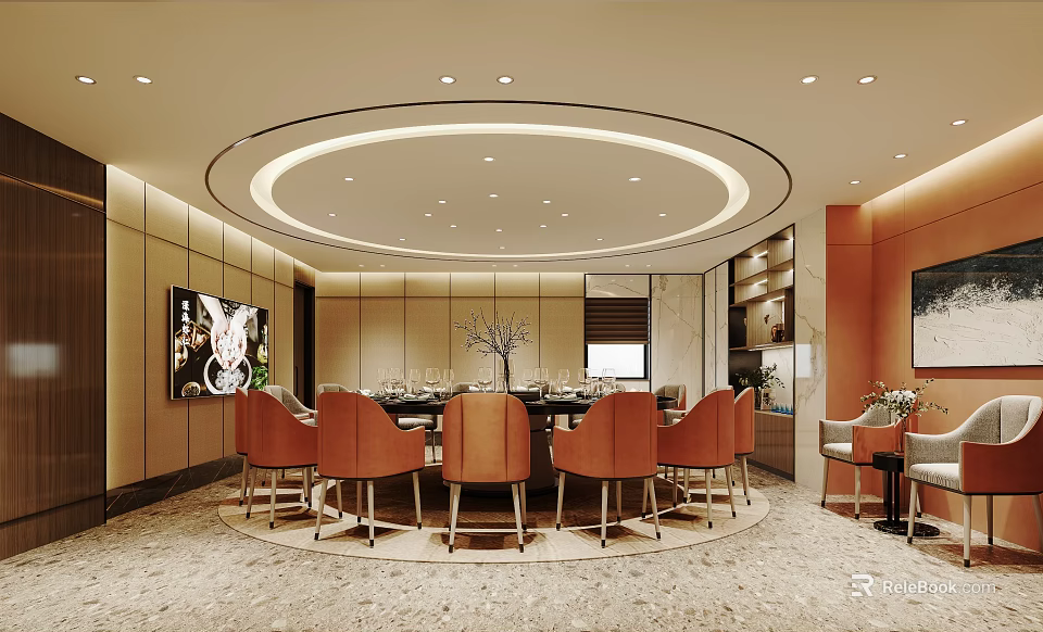 Luxury Private Dining Room Featuring Round Table Orange Chairs Circular Lights TV And Modern Decor 3d model 