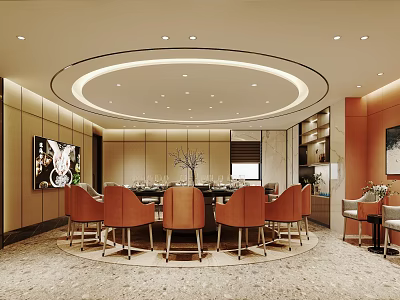 Luxury Private Dining Room Featuring Round Table Orange Chairs Circular Lights TV And Modern Decor 3d model