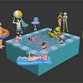 Cartoon Scene With Swimming Pool People Swimming And Relaxing Inflatable Toys And Blue Chairs