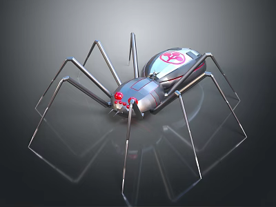 Mechanical Spider With Long Metal Legs Silver Body Red Cross Symbol And Red Eyes 3d model