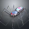 Mechanical Spider With Long Metal Legs Silver Body Red Cross Symbol And Red Eyes