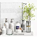 Modern Bathroom Accessories With Stylish Bottles Jars Dried Flowers And Storage Basket