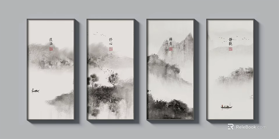 Four Panel Chinese Ink Wash Landscape Paintings with Mountains Rivers Misty Clouds and Trees 3d model 