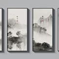 Four Panel Chinese Ink Wash Landscape Paintings with Mountains Rivers Misty Clouds and Trees