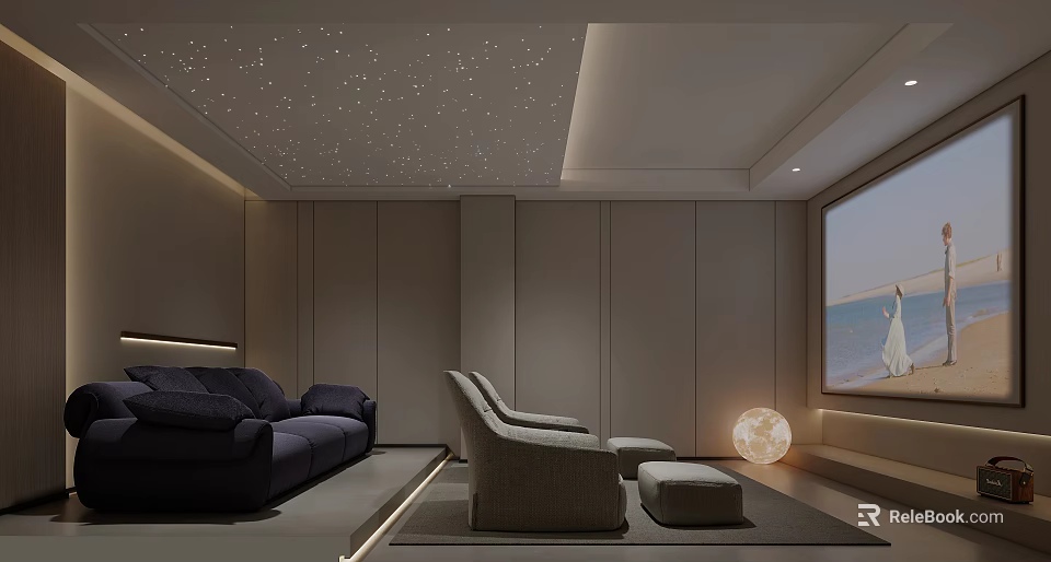 Modern Home Theater with Starry Ceiling Comfortable Seating and Projection Screen 3d model 