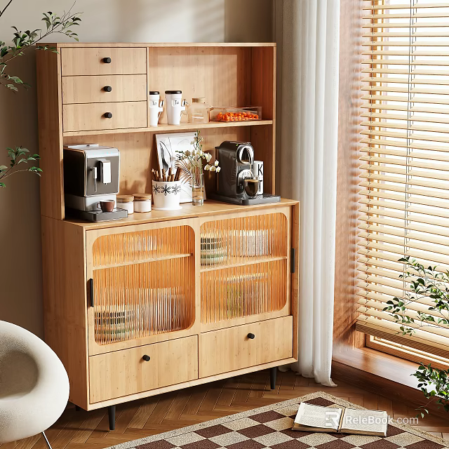 Wooden Sideboard With Coffee Machine Mugs Photo Frame And Potted Plant Near Window Blinds 3d model 