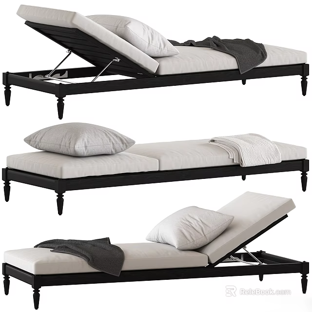 Stylish Black Frame Chaise Lounge With White Cushions Gray Blanket And Pillows 3d model 