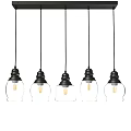 Five Modern Pendant Lights With Black Metal Brackets And Clear Glass Shades