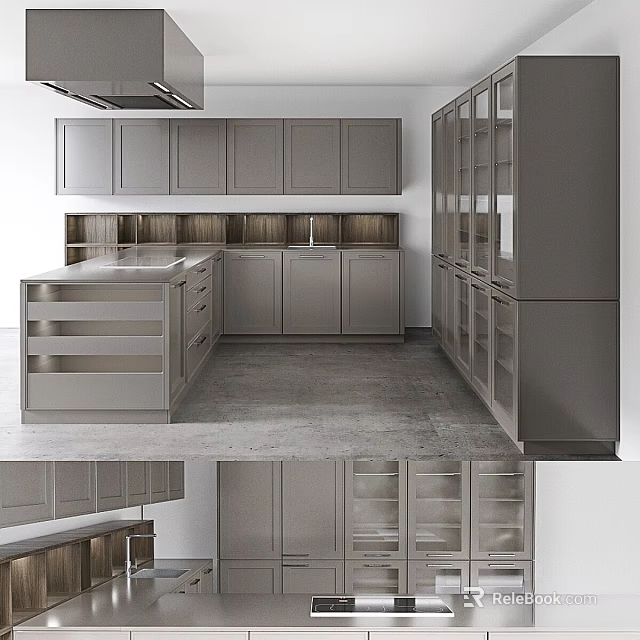 Modern Kitchen Interior With Sleek Gray Cabinets And Central Island Counter 3d model 