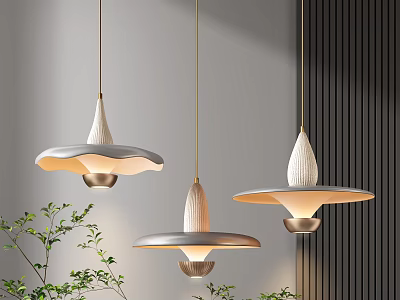 Three Modern Pendant Lights With Broad Brimmed Shades Golden Rods Gray White Tones And Green Plants 3d model