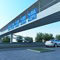 Highway Overpass with Vehicles on Road Flanked by Trees and Blue Structures Above 3d model
