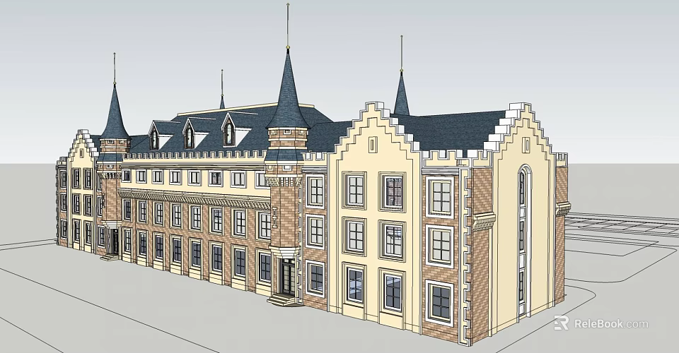 Classical European Style Office Building With Spires Brick Exterior And Arched Windows 3d model 