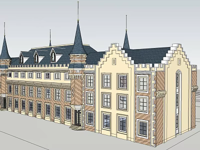 Classical European Style Office Building With Spires Brick Exterior And Arched Windows 3d model