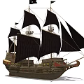 Vintage Sailing Ship With Black Sails Flags Wooden Hull Tall Masts And Decks