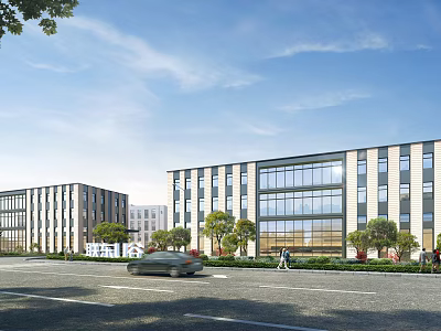 Modern Office Buildings In Urban Setting With Glass And Trees 3d model
