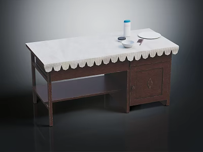 Wooden Table With White Scalloped Edge Tablecloth Decorative Items And Lower Shelf Cabinet 3d model