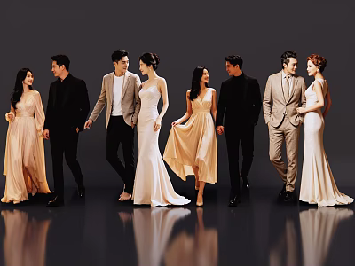 Group of People in Formal Attire Elegant Gowns and Suits Posing for Fashion Photoshoot 3d model