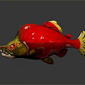 Vibrant Red and Yellow Aquatic Fish with Shiny Body and Reflection on Gray Background