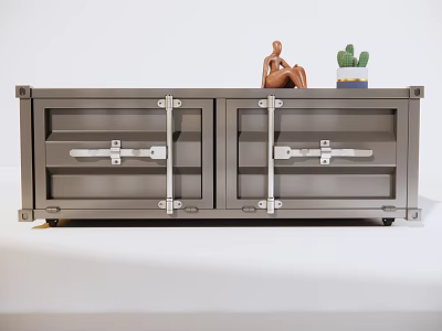 Industrial Style Metal Cabinet With Double Doors Metal Latches And Decorative Statue Cactus On Top 3d model