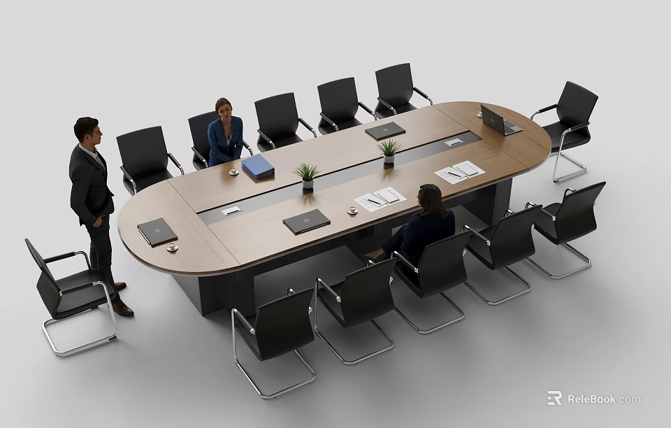Modern Office Conference Table With Black Chairs Documents Laptop And Potted Plant 3d model 
