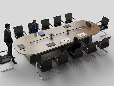 Modern Office Conference Table With Black Chairs Documents Laptop And Potted Plant 3d model