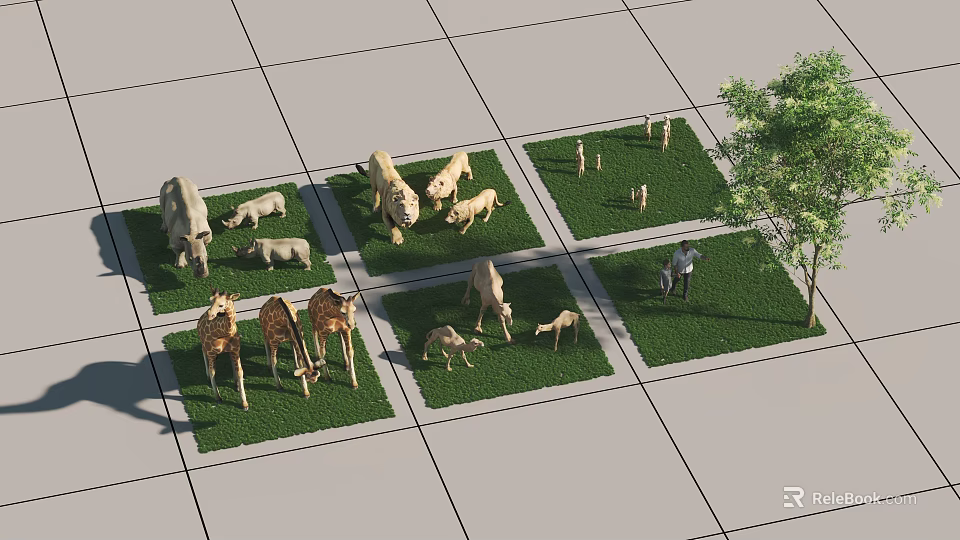 Different Reptiles Living on Green Lawn Squares with Gray Paved Ground and Tree 3d model 