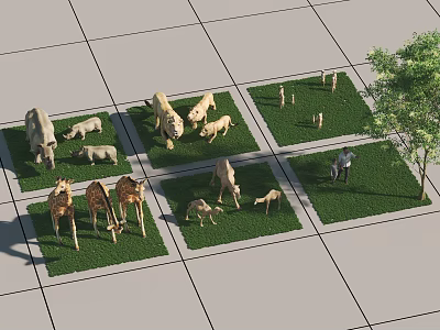 Different Reptiles Living on Green Lawn Squares with Gray Paved Ground and Tree 3d model