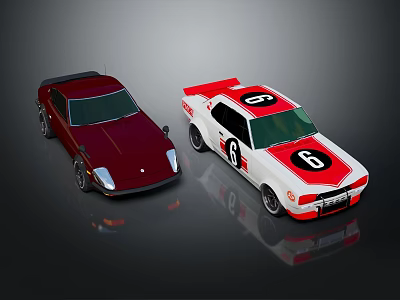 Two Classic Cars Dark Red Coupe And Red White Racing Car With Number 6 3d model