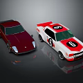 Two Classic Cars Dark Red Coupe And Red White Racing Car With Number 6