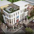 White Three Story Detached Villa With Balconies Greenery Large Windows Front Porch And Trees
