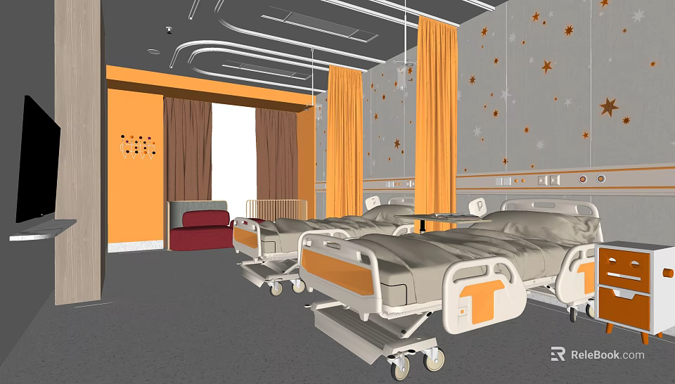 Hospital Ward Interior With Multiple Medical Beds Star Patterned Walls And Curtains 3d model 