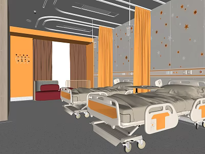 Hospital Ward Interior With Multiple Medical Beds Star Patterned Walls And Curtains 3d model