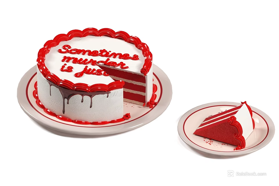 Red Velvet Cake With Red Frosting Decorative Writing And Sliced Piece On White Plates 3d model 