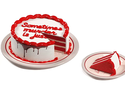 Red Velvet Cake With Red Frosting Decorative Writing And Sliced Piece On White Plates 3d model