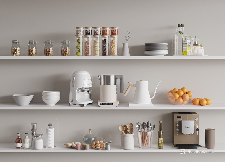 Organized Kitchen Utensils On Shelves With Spice Jars Coffee Maker Kettle Bowls Oranges And Mugs 3d model 